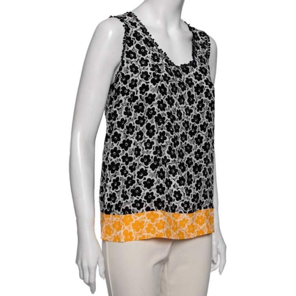 Love Moschino White Floral Daisy  Printed Silk Embroidered Trim Top M/Us6